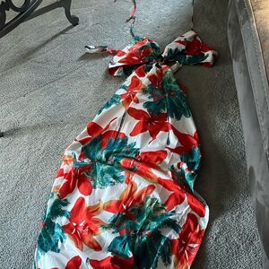 Gorgeous, long dress with chains in the back counter style top, orange and green